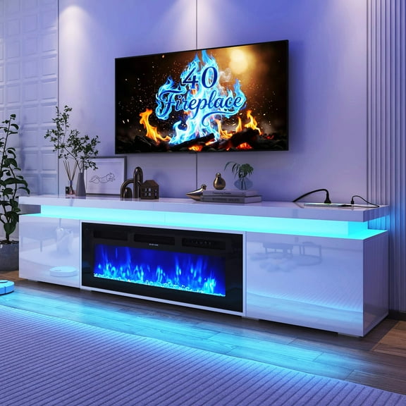 Fireplace TV Stand for 70" 75" 80" with LED Light & Outlets, 70" Large Entertainment Center Gaming Soundbar Shelf with 40'' Electric Fireplace