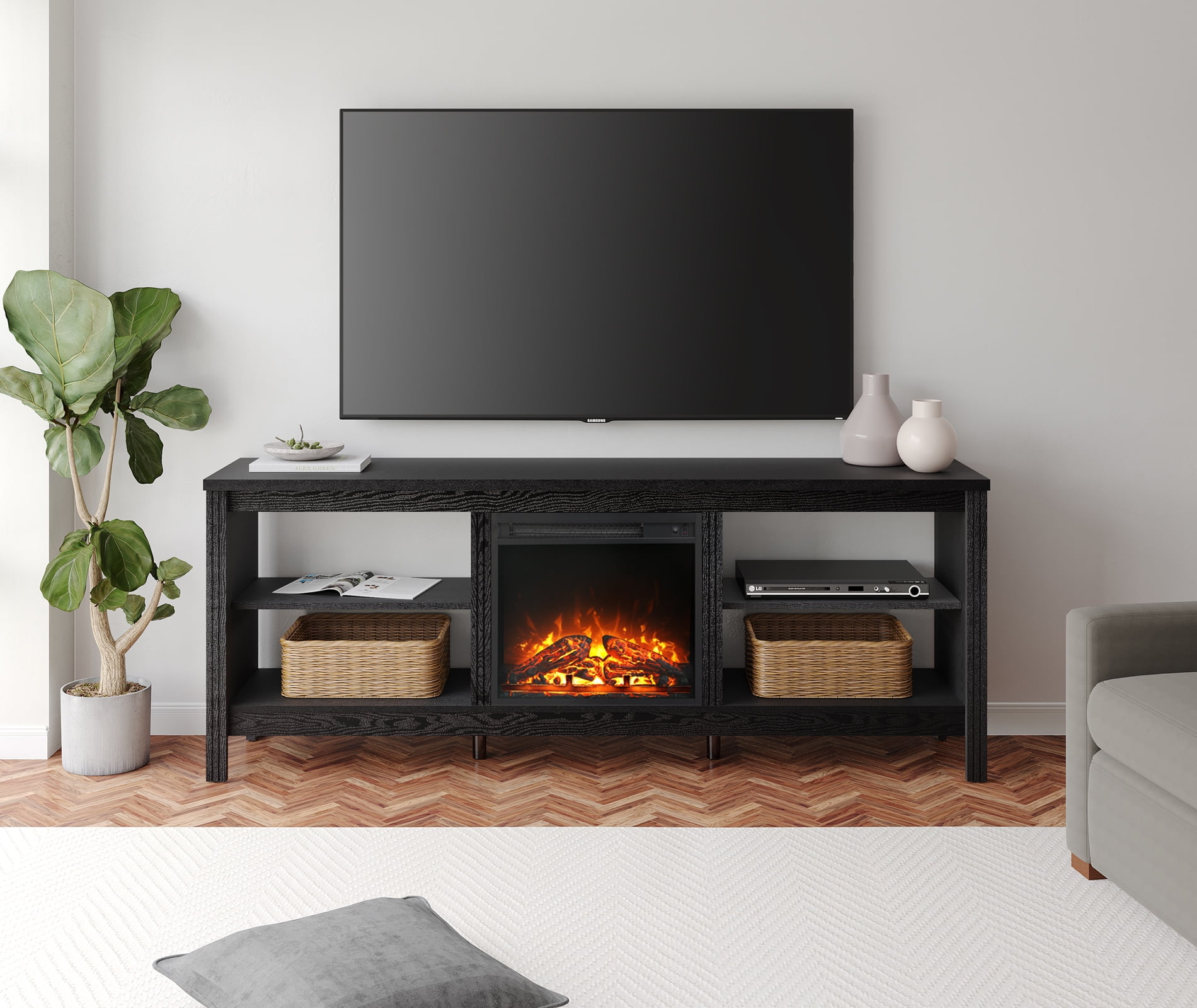 Fireplace TV Stand for 75 Inch, Black Wood Entertainment Center for 80 ...