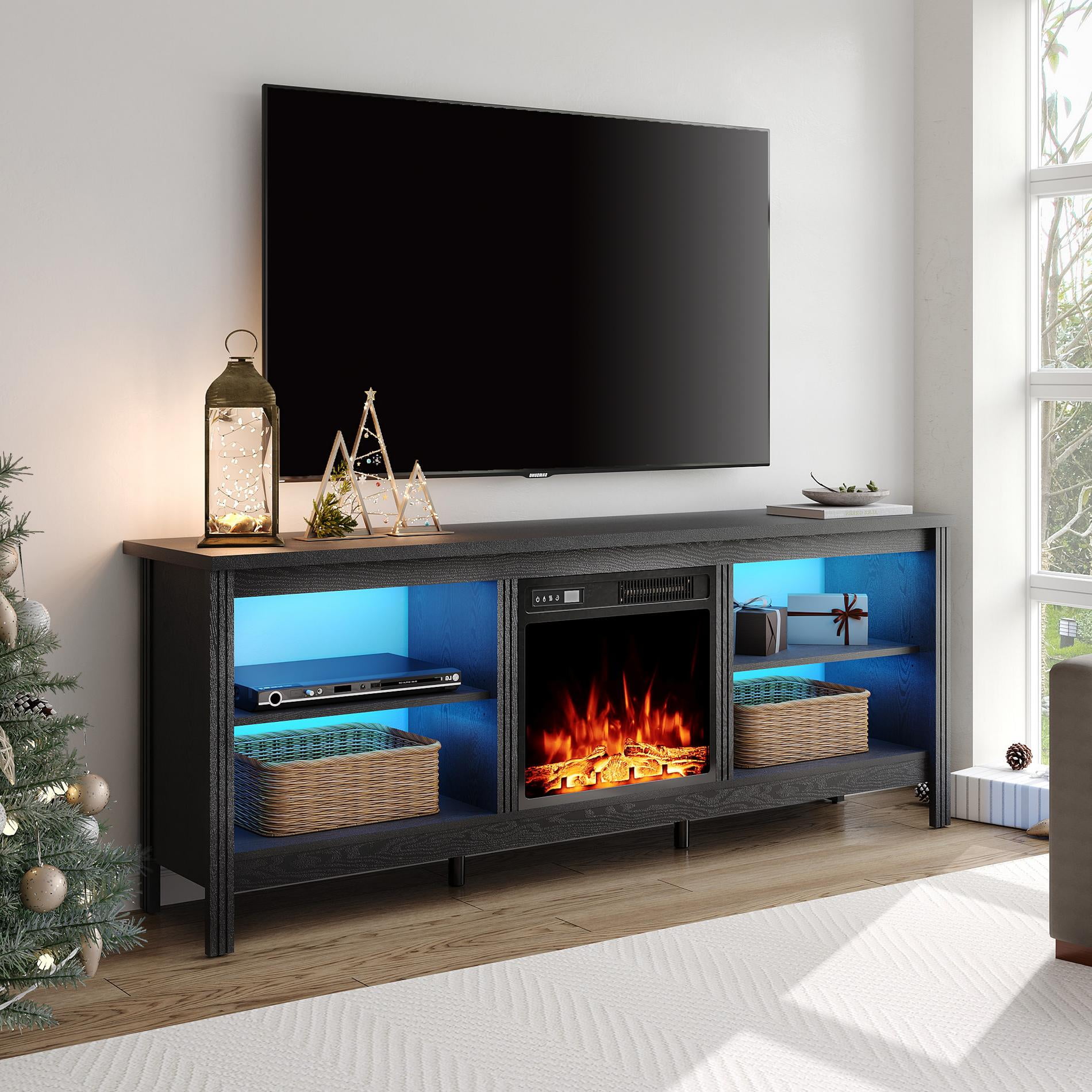 Fireplace TV Stand for 75 inch TV, LED Wood Entertainment Center for 70 inch TV with Electric Fireplace& $ Storages, Black Sansujyuku sansujyuku.com