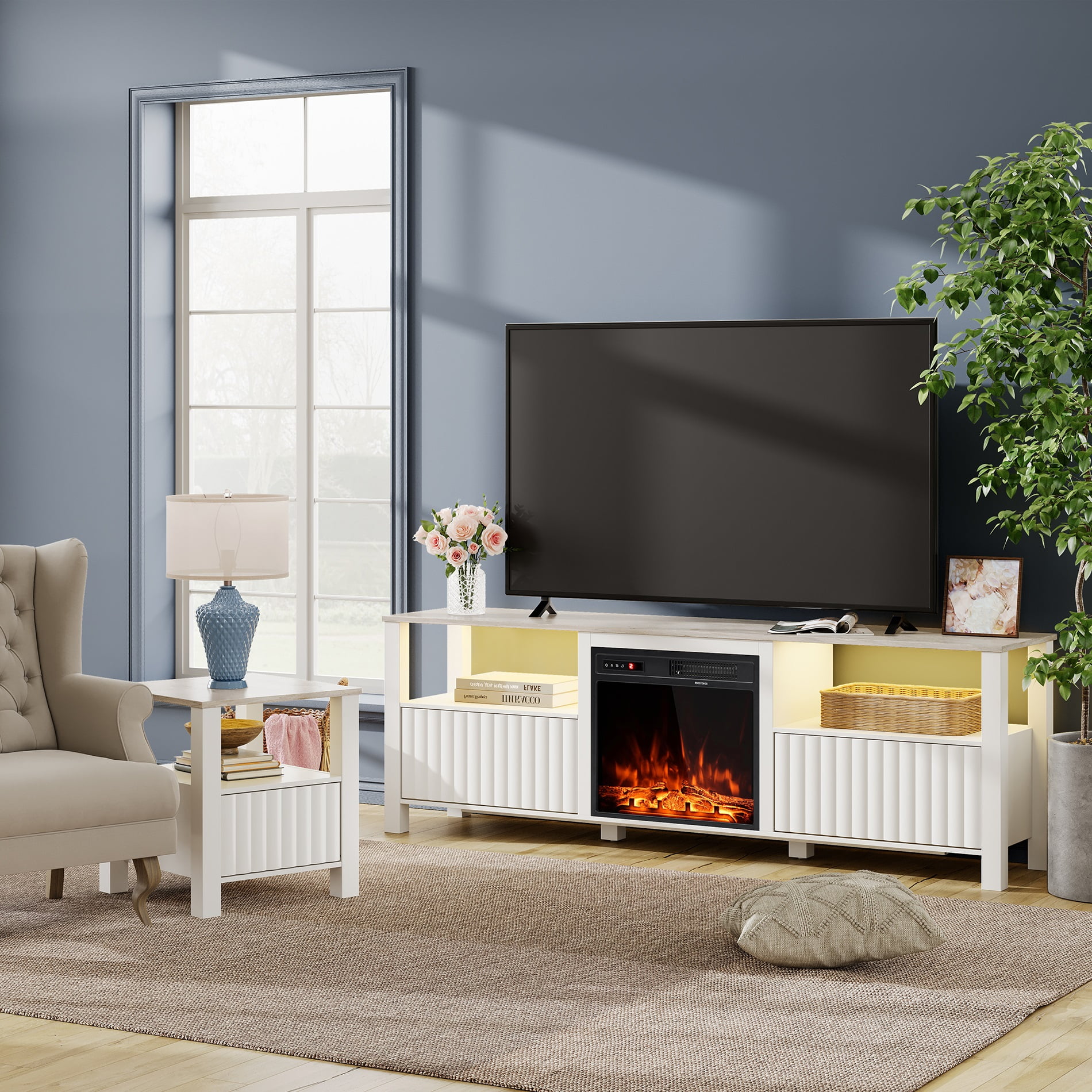White tv stand with fireplace and led lights outlet