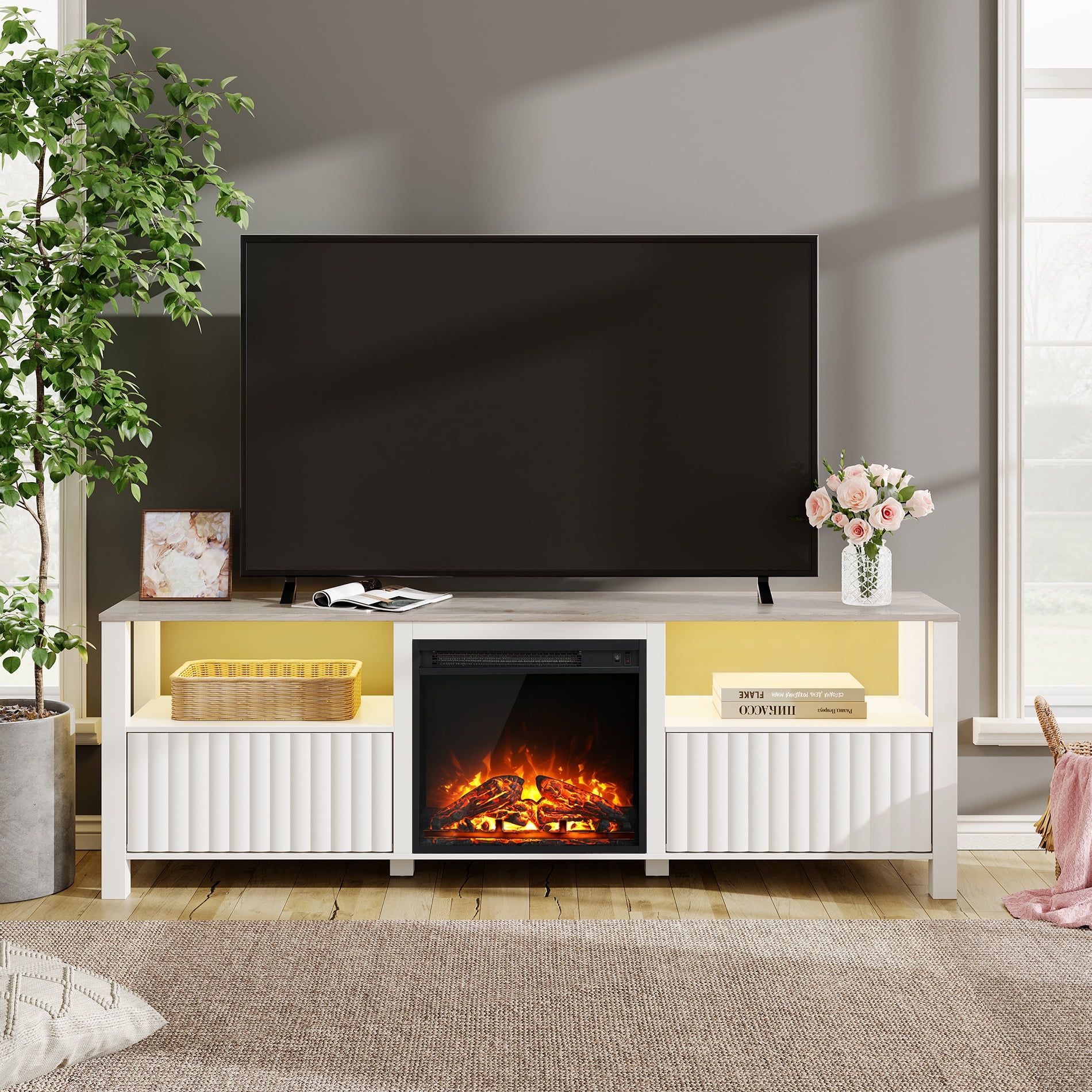 Free Shipping! Wampat Fireplace TV Stand for 75 Inch TV, White LED ...