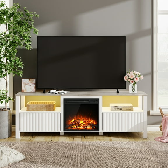 Fireplace TV Stand for TV's up to 75 Inch, LED Entertainment Center for 75 inch TV with Electric Fireplace for Living Room Bedroom, 70 inch, White