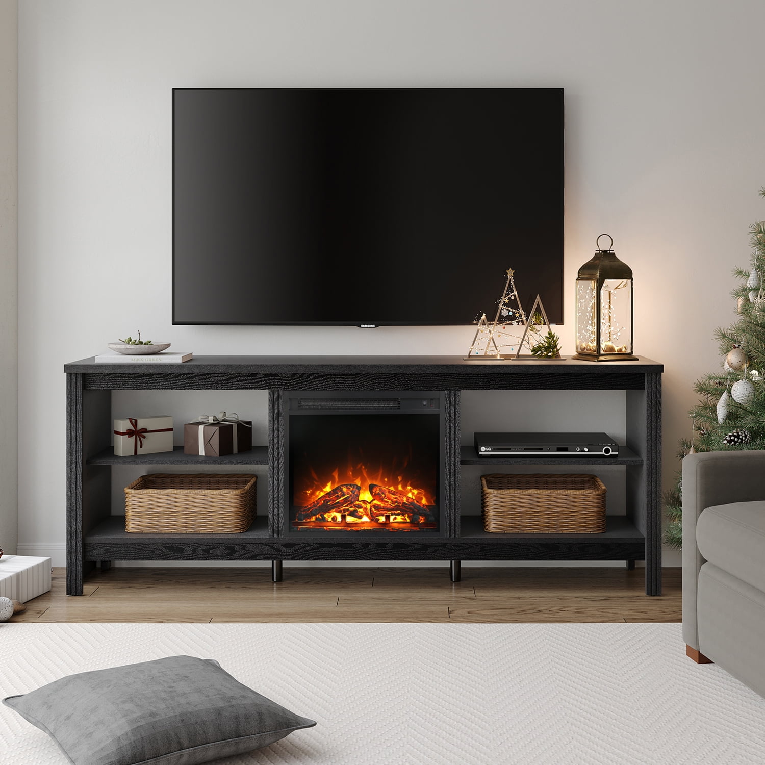 Fireplace TV Stand for TV’s up to 75 Inch, Wood Entertainment Center for 80 inch TV with Electric Fireplace for Living Room Bedroom , 70 inch, Black Sansujyuku sansujyuku.com
