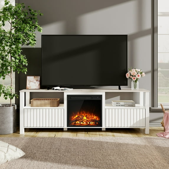Fireplace TV Stand for TV's up to 75 Inch, white LED Entertainment Center for 80 inch TV with Electric Fireplace for Living Room Bedroom, 70 inch