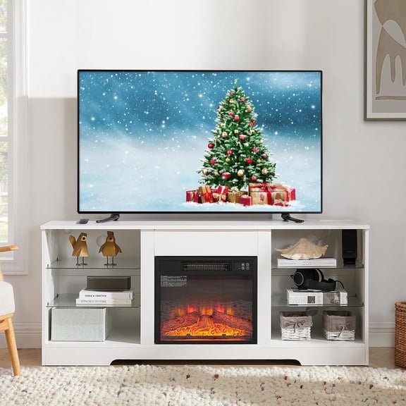 Fireplace TV Stand for TVs Up to 65 Inches, Media Entertainment Center with Electric Fireplace, Open Storage, Glass Shelves and LED Lights,White.