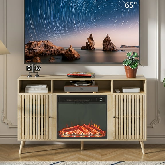 Fireplace TV Stand for TVs up to 65", Entertainment Center with Storage, TV Media Console Cabinet for Living Room,Wood