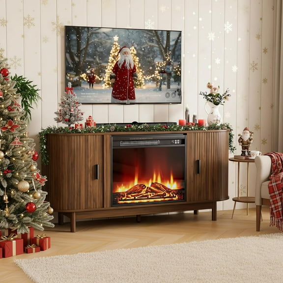 Fireplace TV Stand for TVs up to 65", Fluted Entertainment Center with Storage, Modern Media Console Cabinet for Living Room, Bedroom, Walnut
