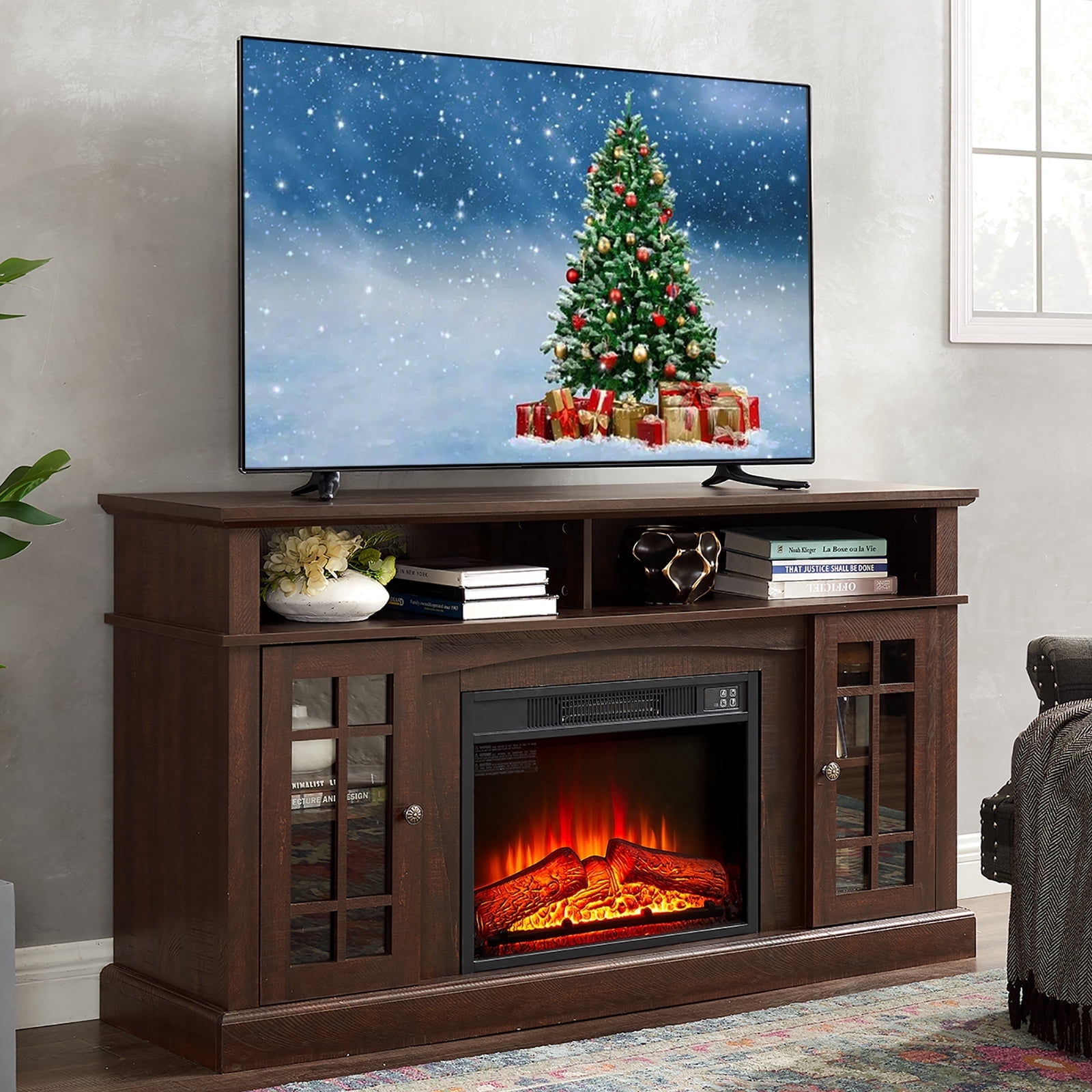 58" Farmhouse TV Stand with 23" Electric Fireplace Heater, Rustic Entertainment Center for TVs up to 65", Multi-Storage Cabinets, Espresso