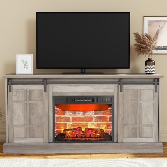 Fireplace TV Stand with 23" Electric Fireplace for 65 inch TV,Modern Farmhouse Entertainment Center with Barn Door