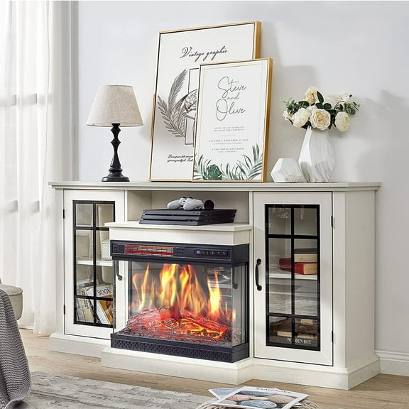 PLAUIN Fireplace TV Stand with 3-Sided Glass Electric Fireplace, 59" Entertainment Center, Distressed White