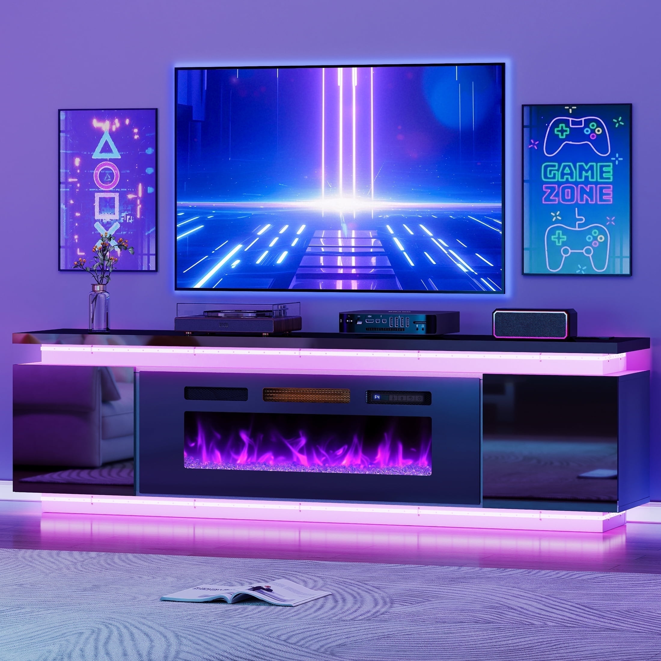 Anrist Electric Fireplace TV Stand for TVs up to 80" with LED Lights & 4 AC Power Outlets, TV console for Living Room, Black, Ship in 2 Boxs