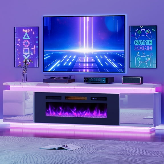 Anrist Electric Fireplace TV Stand for TVs up to 80" with LED Lights & 4 AC Power Outlets, TV console for Living Room, White, Ship in 2 Boxs