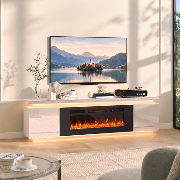 Anrist Electric Fireplace TV Stand for TVs up to 80" with LED Lights & 4 AC Power Outlets, TV console for Living Room, White, Ship in 2 Boxs