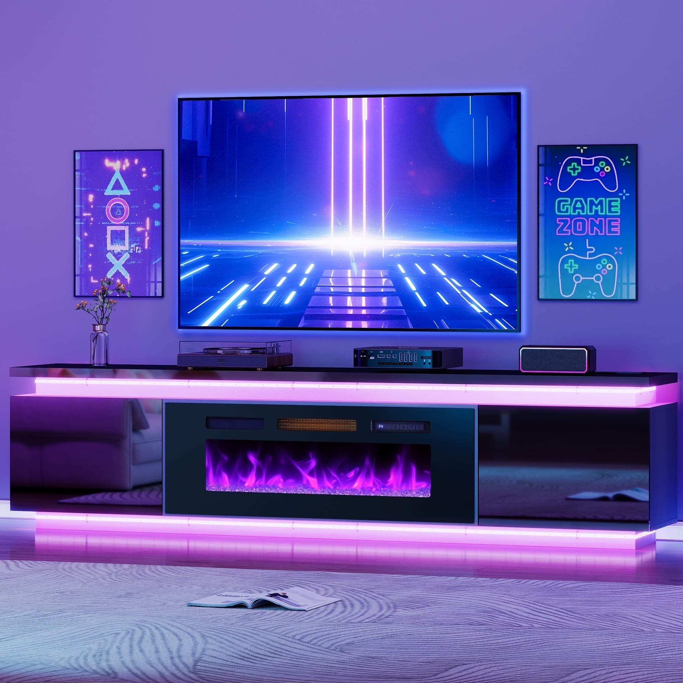 Anrist Electric Fireplace TV Stand for TVs up to 95" with LED Lights & 4 AC Power Outlets, TV console for Living Room, Black, Ship in 2 Boxs