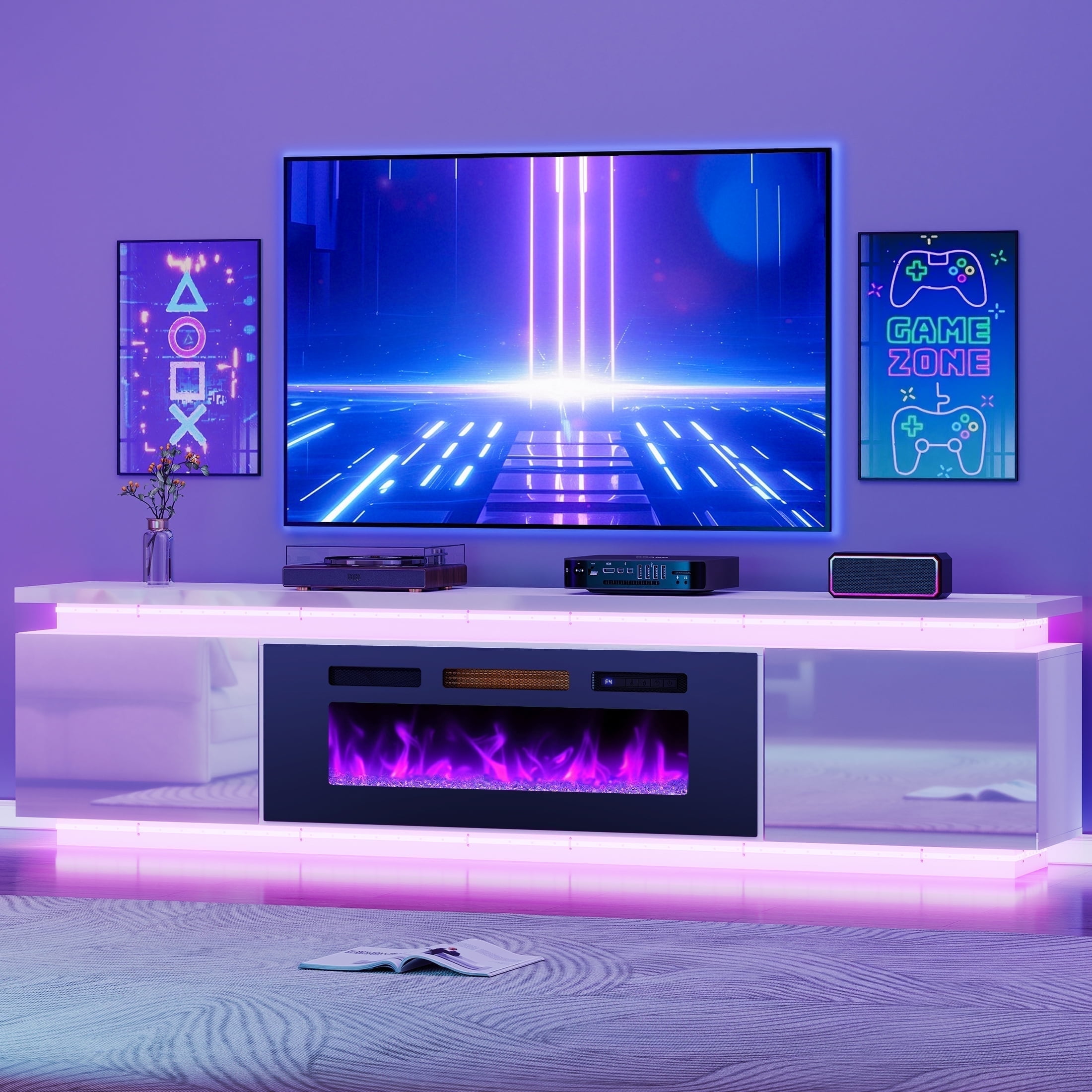 Anrist Electric Fireplace TV Stand for TVs up to 95" with LED Lights & 4 AC Power Outlets, TV console for Living Room, White, Ship in 2 Boxs