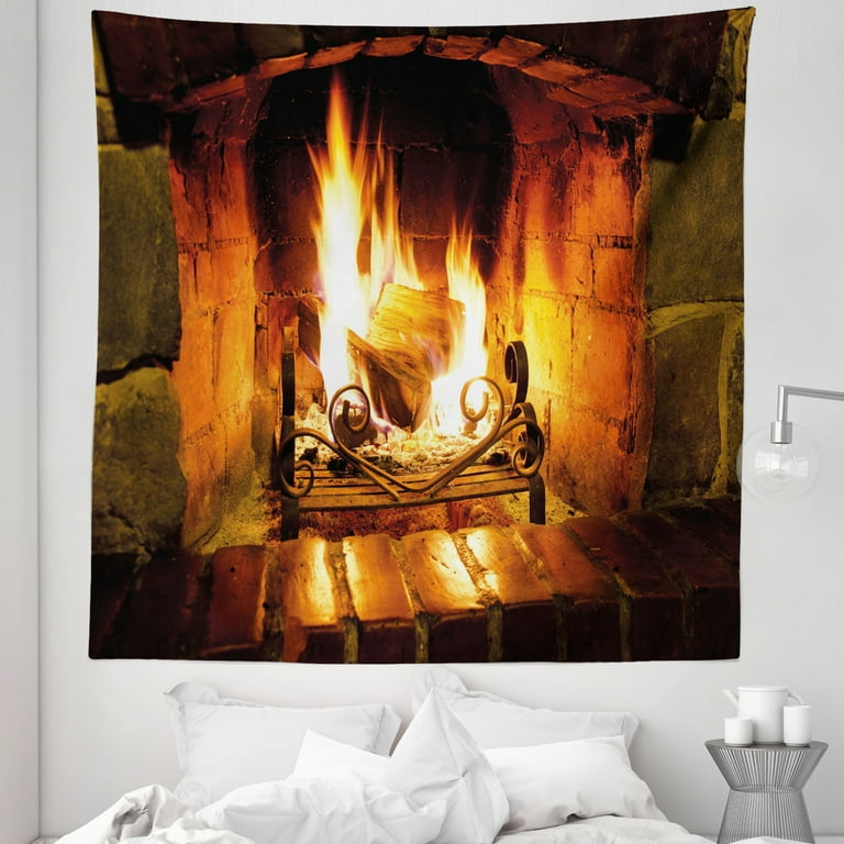 Fireplace Tapestry, Cozy Vibes Night Log Place Closeup Look