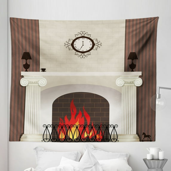 Fireplace Tapestry, Greek Columns Architecture Antique Style Victorian Interior Artwork, Fabric Wall Hanging Decor for Bedroom Living Room Dorm, 5 Sizes, Pale Redwood and Ivory, by Ambesonne