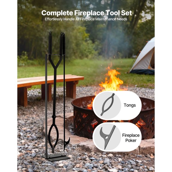 Fireplace Tool Set,3 PCS Fire Tool Set&Holder with Stand,Tongs,Fire Place Poker,Wrought Iron Fireplace Accessories for Campfire Backyard Bonfire Indoor/Outdoor,Black