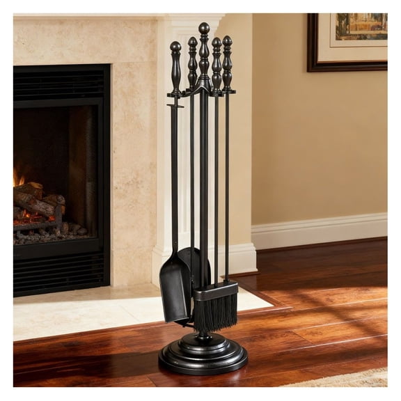 Fireplace Tool Set 5-Piece - Tongs, Brush, Shovel, Poker & Stand - Heavy Duty Metal Fireplace Accessories for Wood Burning Firepits & Indoor Fireplaces