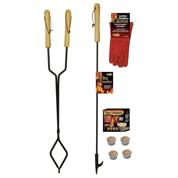 Fireplace Tool Set - 9 Piece Campfire Kit with Tongs, Gloves & Fire Starters