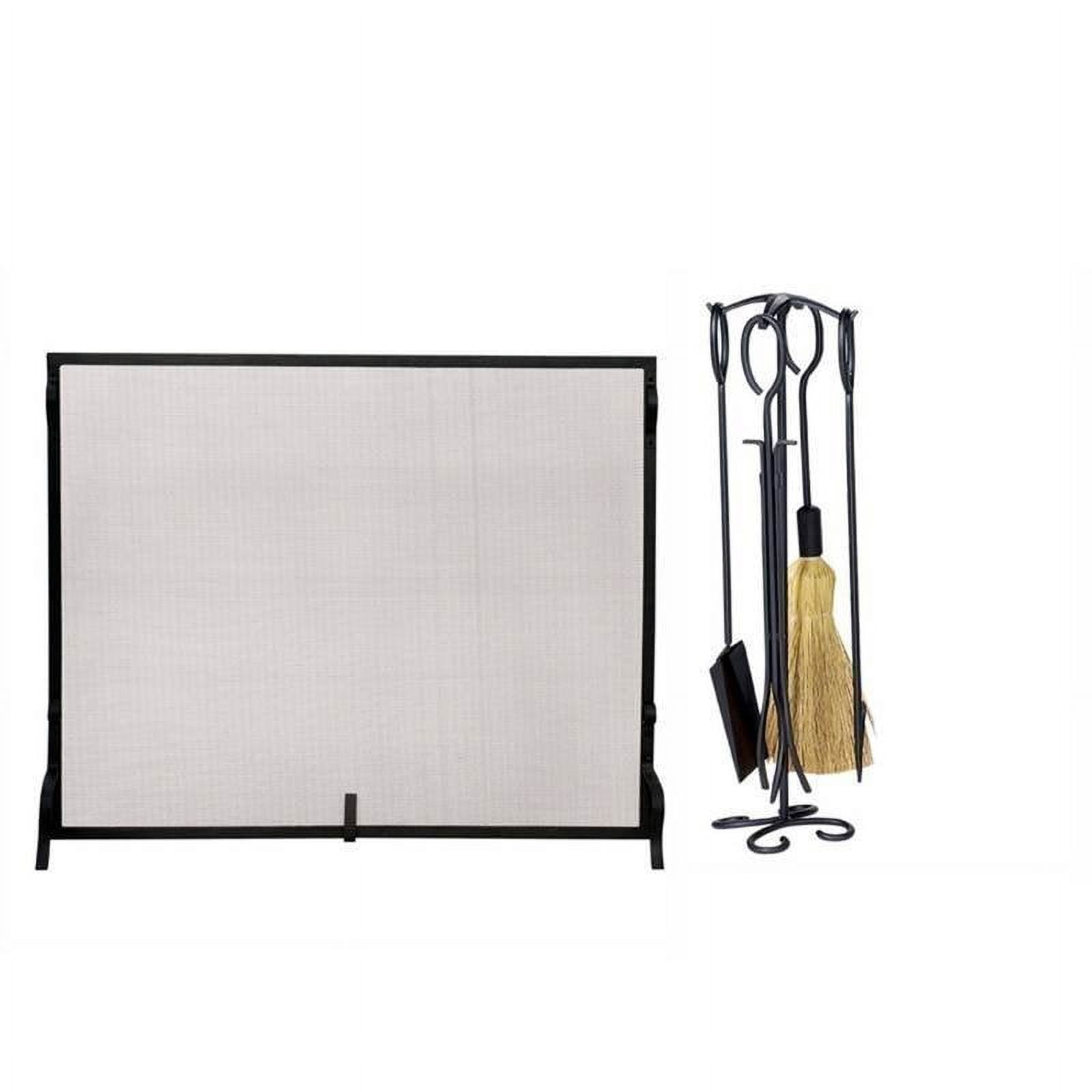 Fireplace Tool Set with Wrought Iron Black Sparkguard & 5 Piece Black