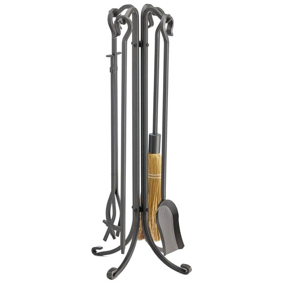 Fireplace Tools Set, 5-Piece Olde World Iron Fireplace Accessories Set - Black Finish - Includes Shovel, Tongs, Brush, Poker & Stand - Classic Hearth Tools Gray