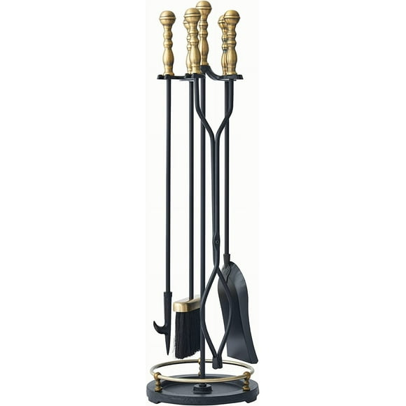 Fireplace Tools Set, 5-Pieces Indoor Outdoor Sturdy Fire Place Poker Sets with Retro Gold Handle