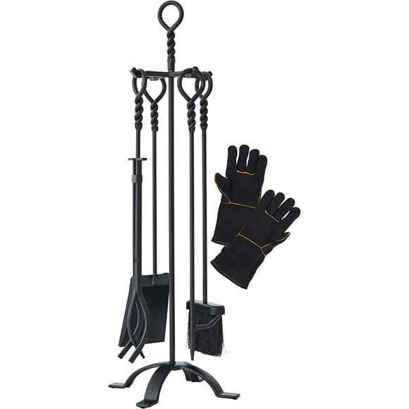 Fireplace Tools Set, 5-Pieces Indoor Outdoor Sturdy Fire Place Poker Sets with Retro Handle and Heat Resistant Leather Gloves, FTS55BK