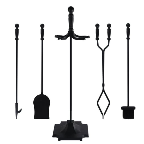 Fireplace Tools Set 5 Pieces Metal Frame Brass Handle Indoor Stove Accessories, Black