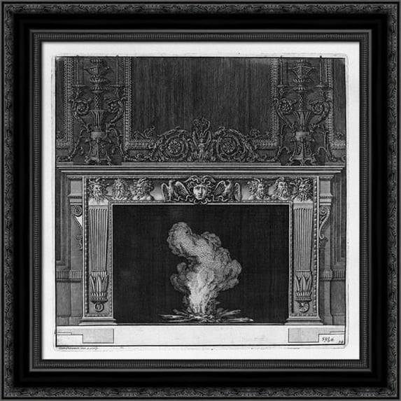 Fireplace: busts in the frieze of satyrs and the head of Medusa in the center between two eagles 20x20 Black Ornate Wood Framed Canvas Art by Piranesi, Giovanni Battista
