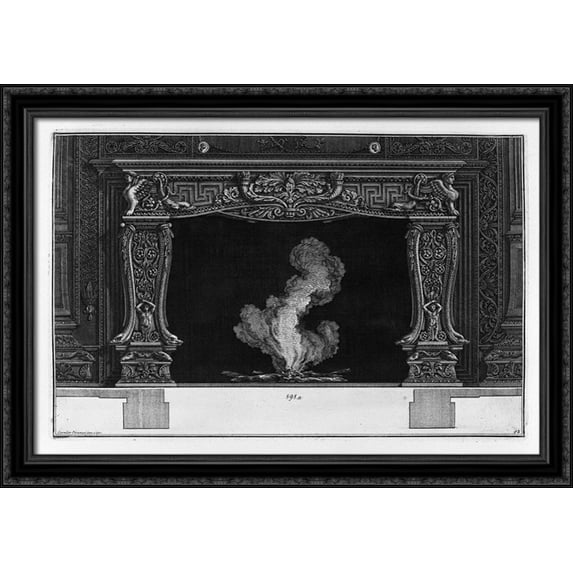 Fireplace: on the frieze of acanthus leaf between two horns, dolphins and sphinxes 40x28 Large Black Ornate Wood Framed Canvas Art by Giovanni Battista Piranesi