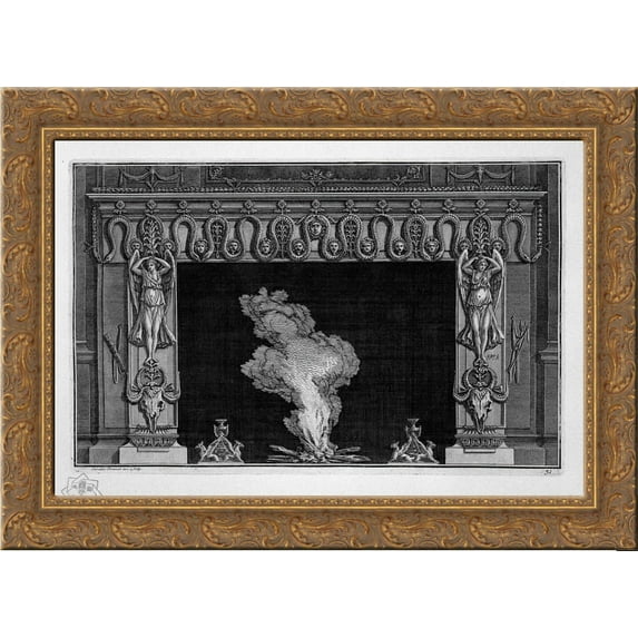 Fireplace with a frieze of serpents and winged figures above the hips bucranes 24x20 Gold Ornate Wood Framed Canvas Art by Piranesi, Giovanni Battista
