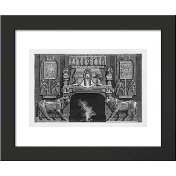 Fireplace in egyptian-style, on each side of a sacred cow in profile with her...