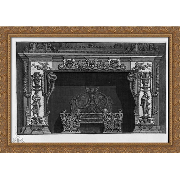 Fireplace in the frieze, three masks; a rich interior wing 38x28 Large Gold Ornate Wood Framed Canvas Art by Giovanni Battista Piranesi
