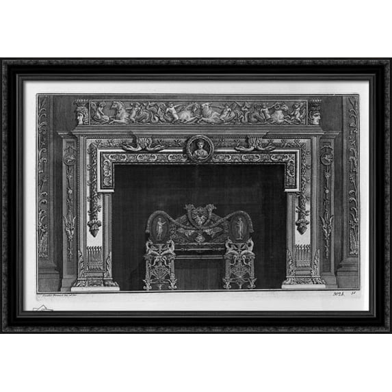 Fireplace that has a second floor on the frieze of putti cavalcanti dolphins and sea monsters, a rich interior wing 40x28 Large Black Ornate Wood Framed Canvas Art by Giovanni Battista Piranesi