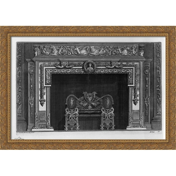 Fireplace that has a second floor on the frieze of putti cavalcanti dolphins and sea monsters, a rich interior wing 40x28 Large Gold Ornate Wood Framed Canvas Art by Giovanni Battista Piranesi