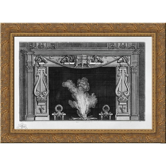 Fireplace with two large lire on the sides, and four rams` heads in the frieze 24x20 Gold Ornate Wood Framed Canvas Art by Piranesi, Giovanni Battista