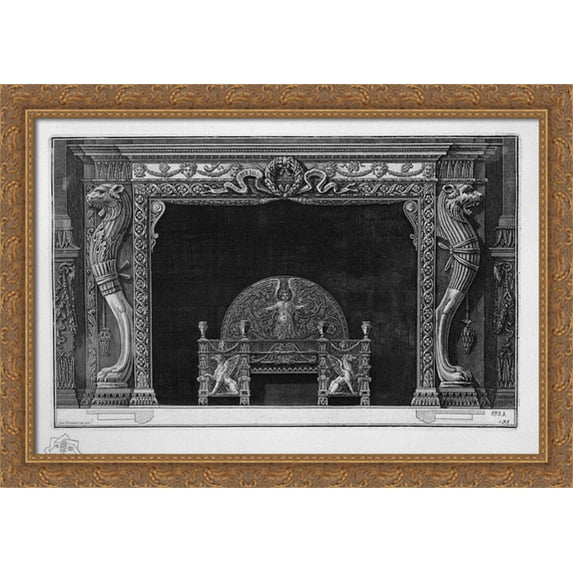 Fireplace two sides of the well-head lion paws of a lion in a rich wing 40x28 Large Gold Ornate Wood Framed Canvas Art by Giovanni Battista Piranesi