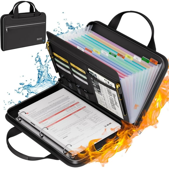 Fireproof Accordion File Organizer with Handle, 13 Pocket Expanding File Folder with Zipper & Labels, File Folder with 3 Ring Binder, Multi Pockets Paper Organizer Folder for Letter A4 Files