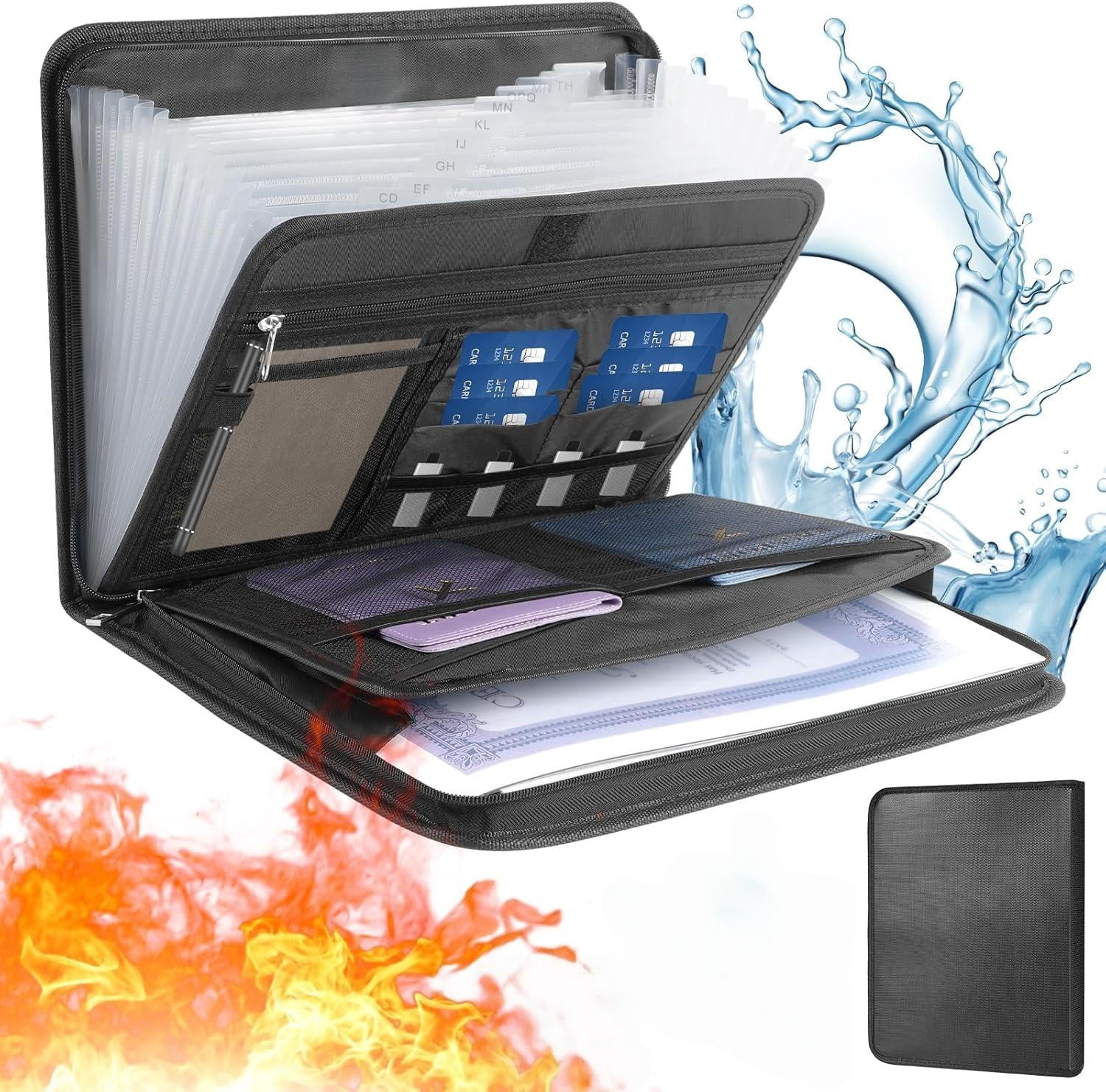 Fireproof Accordion File Organizer, Portable Expanding File Folder with Waterproof Zipper, Black Document Organizer with 13 Pockets, File Organizer for Important Document/Paper Storage