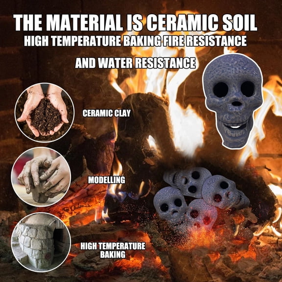 Fireproof Ceramic Skull Log for Fireplace Fire Pit, Heat Resistant Skeleton Head Spooky Decor for Gas Wood Stove Halloween Party Props
