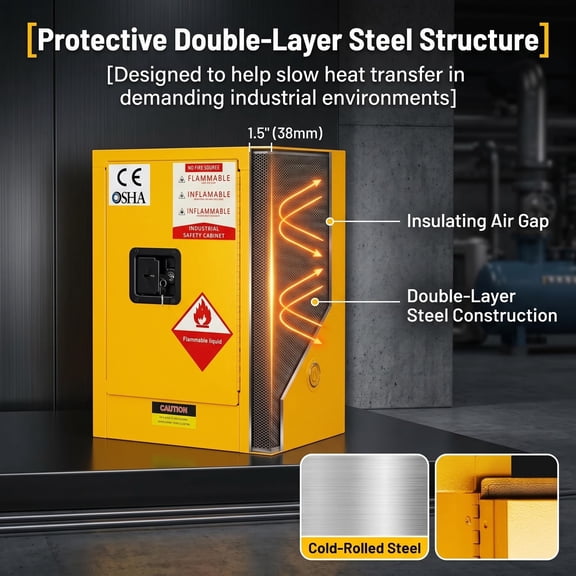 Fireproof Chemical Cabinet, 4 Gallon Yellow Safety Cabinet with 3-Point Lock, Adjustable Shelf & Static Grounding, Double-Layer Steel Flammable Cabinet for Warehouse Painting Shop