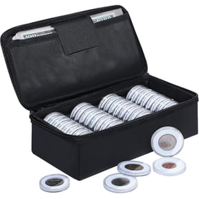 Fireproof Coin Box, 36pcs Coin Holder Capsules with Foam Gasket | 100 Paper Currency Organizer Sleeves, 5 Sizes (40/35/30/25/20mm) Collecting Storage Case for Collection Supplies