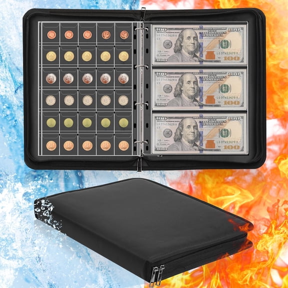 Fireproof Coin Collection Album for Collectors, 300 Pockets Coins Collecting Album & 36 Sleeves Money Storage Case for Coin Currency Collection Supplies, Bill, Pennies, Quarters, Stamp