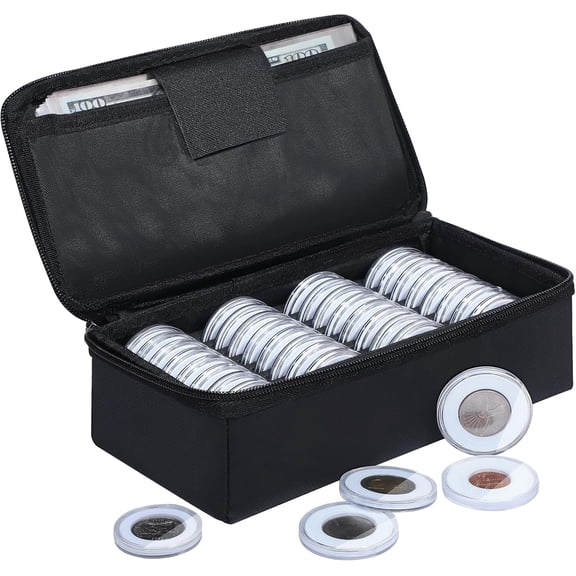 Fireproof Coin Storage Box, 36pcs Coin Holder Capsules with Foam Gasket & 100 Paper Currency Organizer Sleeves, 5 Sizes (40/35/30/25/20mm) Collecting Case for Collection Supplies