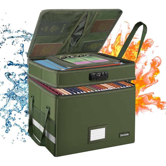 Fireproof Collapsible File Box with Lock, Pockets and Handle  Portable Office Organizer for Letter and Legal Folders  Green