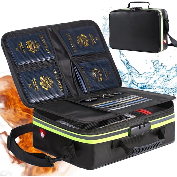 Fireproof Document Bag (16 x 11 x 5 inch) with Lock & Reflective Strip, Fireproof Document Lock Box with Strap, Multi-Layer Important Document Safe Storage, Fire Safe File Organizer