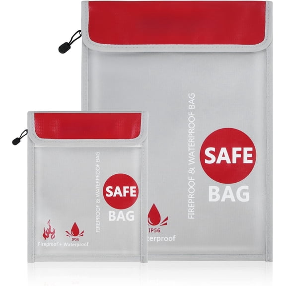 Fireproof Document Bag 2 Pack, Safe Zipper Bags, Fire & Water Resistant Storage Organizer Pouch for A4 A5 Documents Holder,File,,,Passport,Tablet,Laptop ()