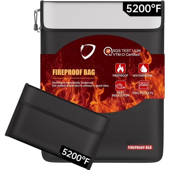 Fireproof Document Bag (5200?) with Fireproof Organizer Travel Case,Heat Insulated Fire&Water Resistant 8 Layers Safe  Bag Storage for Important Documents,,Power ,Valuables,Black