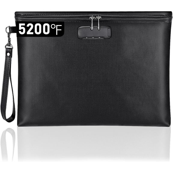 Fireproof Document Bag with Lock, 5200F Fireproof and Waterproof Money Bag with Zipper Closure, Storage Pouch for A4 Letter Size Document, Cash, Cell Phone, Tablet (Black,14X10)